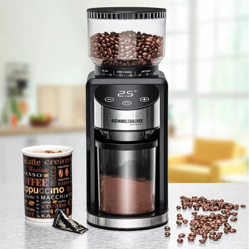 Moinho de café com mós cónicas Rommelsbacher EKM 400 — mós cónicas em aço inoxidável, 35 graus de moagem, 12 doses, recipiente de 130 g