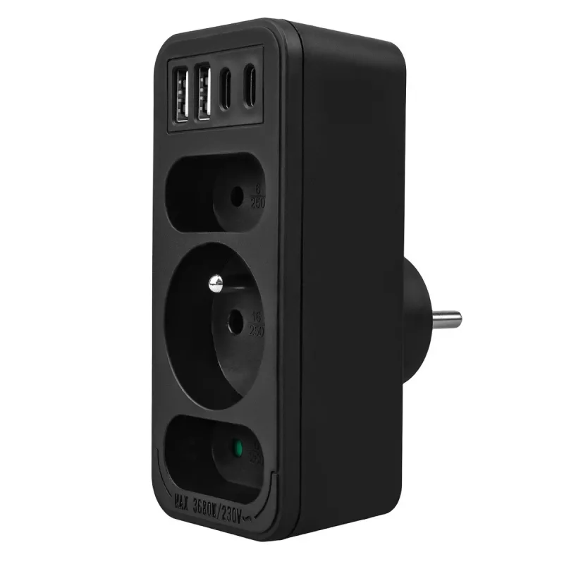 Power Splitter MACLEAN MCE248 F/B — 3 tomadas AC (1x16A, 2x6A) e 4 portas USB (2xUSB‑A, 2xUSB‑C PD 20W), ficha EU, preto