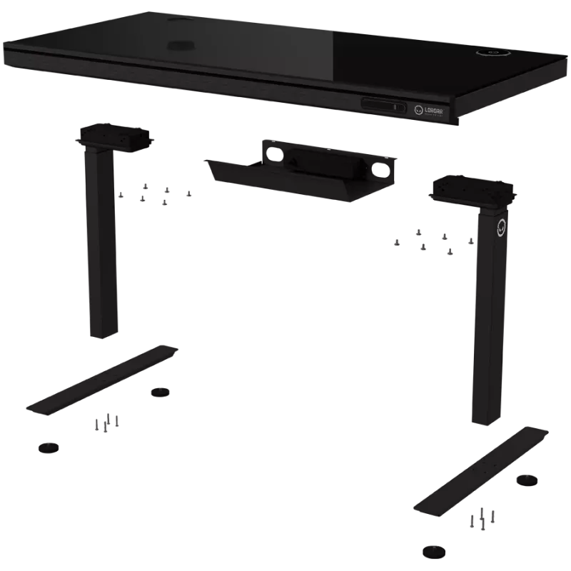 Secretária gaming de altura ajustável com dois motores, função sentado/em pé, carregador sem fios, iluminação RGB, painel de controlo e portas USB, tampo em vidro temperado, preto