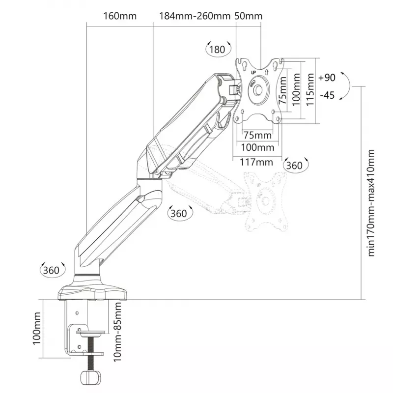 Suporte para monitor MONTIS MT014 para 1 ecrã, montagem em secretária, altura ajustável por mola a gás, para ecrãs até 81,3 cm (32 polegadas), carga máx. 8 kg, preto