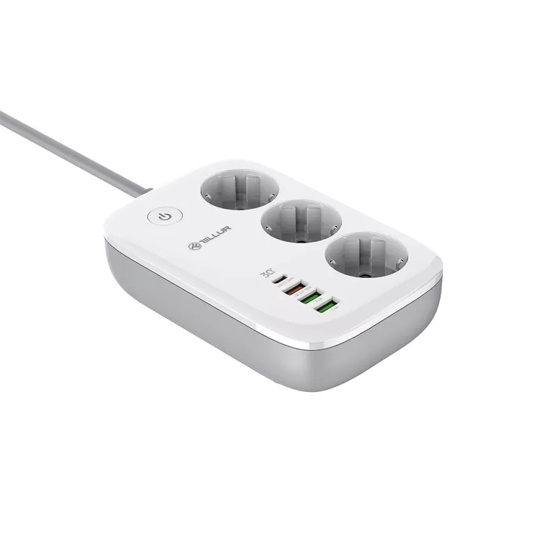 Régua de tomadas Tellur TLL331521 régua de tomadas inteligente WiFi com 3 tomadas, PD 30W, QC 18W