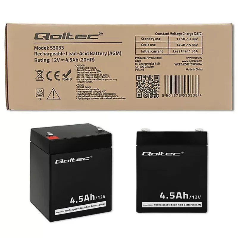 Qoltec 53033 bateria AGM 12 V 4,5 Ah, máx. 1,35 A, sem manutenção