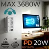 Power Splitter MACLEAN MCE248 F/W — 3 tomadas AC (1×16A, 2×6A) + 4×USB (2×A, 2×C PD 20W), ficha EU, branco