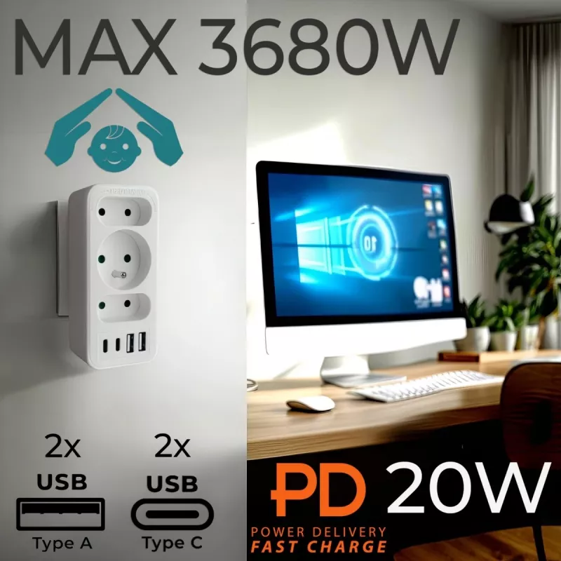 Power Splitter MACLEAN MCE248 F/W — 3 tomadas AC (1×16A, 2×6A) + 4×USB (2×A, 2×C PD 20W), ficha EU, branco