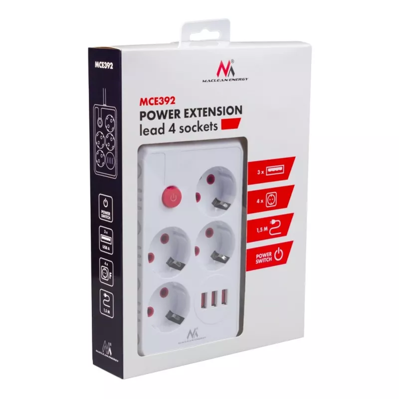 Extensão elétrica MACLEAN MCE392 W — 4 tomadas F, 3×USB A, 110–240 V, 2,1 A máx, 2500 W, cabo de 1,5 m, branco