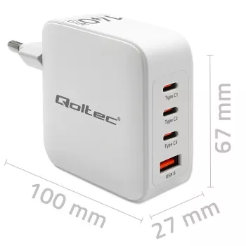 Carregador QOLTEC 51828 140W GaN 3×USB‑C PD + 1×USB‑A QC 3.0 – carregador rápido multiporta