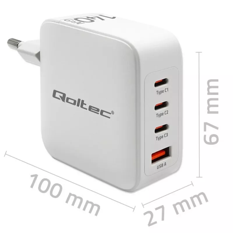 Carregador QOLTEC 51828 140W GaN 3×USB‑C PD + 1×USB‑A QC 3.0 – carregador rápido multiporta