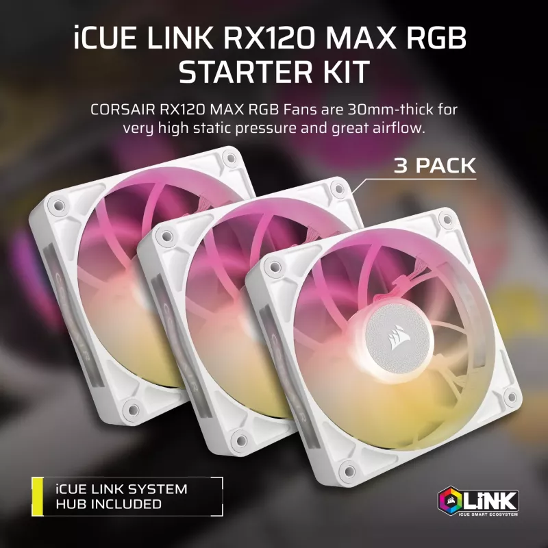 Ventoinhas Corsair iCUE LINK RX120 MAX RGB 12 cm branco 3 unid. 400-2000 rpm