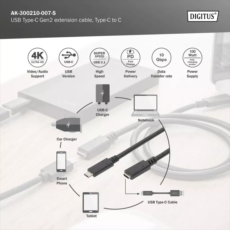 Cabo de extensão USB Type-C Digitus AK-300210-007-S 0,7 m