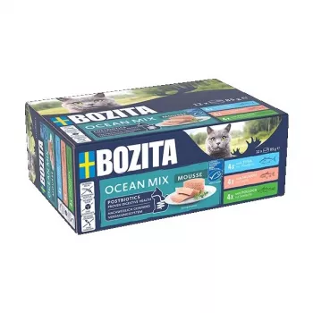 Comida húmida para gatos BOZITA Mousse Mixed Ocean 12 x 85 g — porções de mousse de marisco, alimento completo para gatos adultos, sem glúten e sem soja