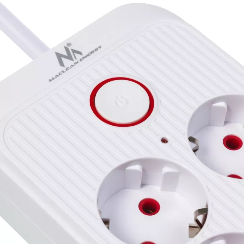 Extensão elétrica MACLEAN MCE389 W — 6 tomadas, 4×USB-A, 1×USB-C, 2500W, 110–240V, cabo de 1,5 m, branco