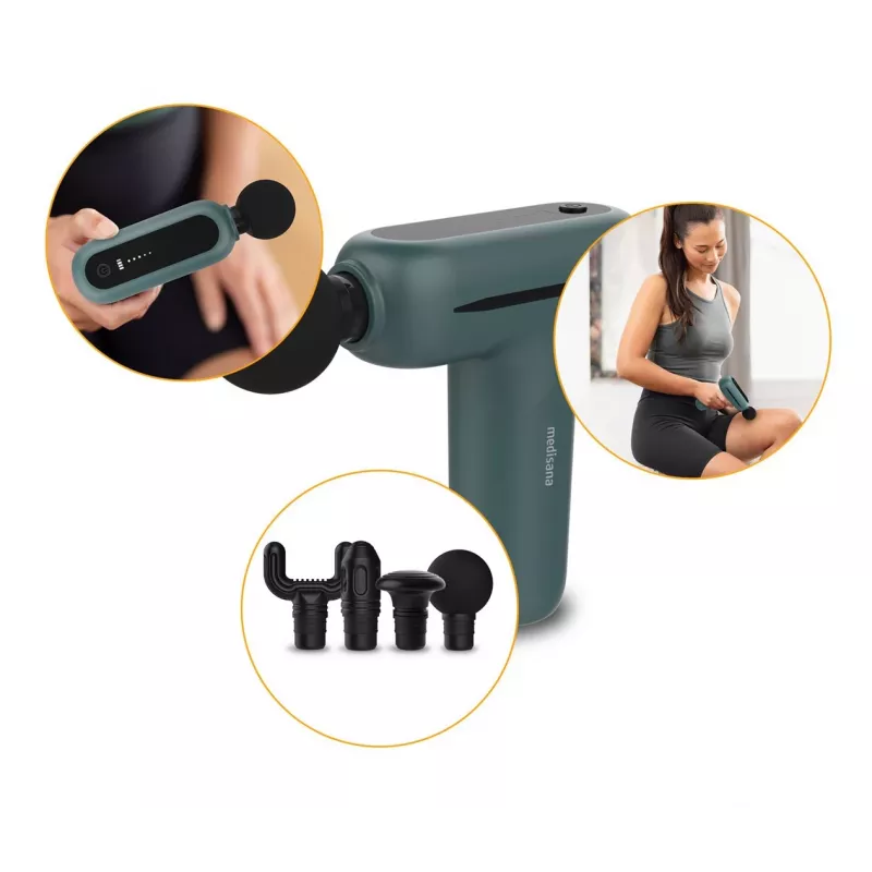 Medisana MG 200 mini pistola de massagem, Smart Mode, 4 cabeças, 5 níveis de intensidade, 147 x 126 x 50 mm, cinzento