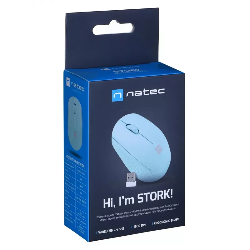 Natec Stork NMY-2001 rato ótico sem fios, 1600 DPI, recetor USB, azul