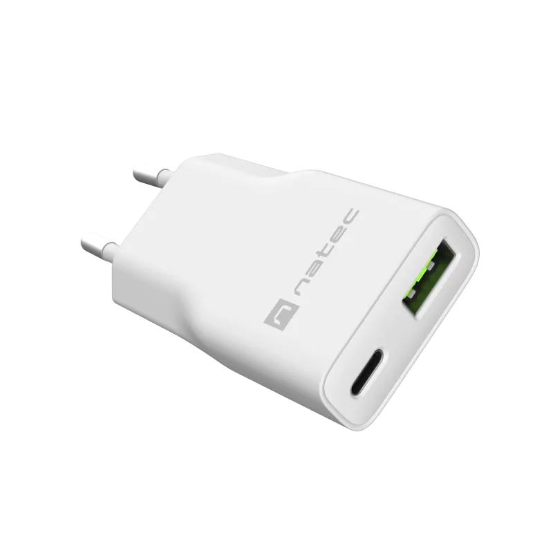 Fonte de alimentação NATEC Ribera NUC-2376 — 1× USB-A, 1× USB-C, saída de 3 A