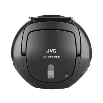 Leitor de CD portátil JVC RD‑E221B — preto, CD/MP3, deck de cassetes, reprodução USB, rádio FM, AUX, funcionamento a pilhas/corrente
