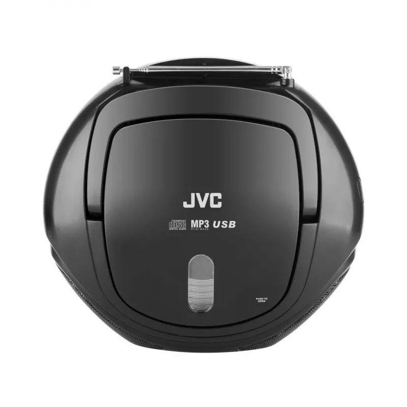 Leitor de CD portátil JVC RD‑E221B — preto, CD/MP3, deck de cassetes, reprodução USB, rádio FM, AUX, funcionamento a pilhas/corrente