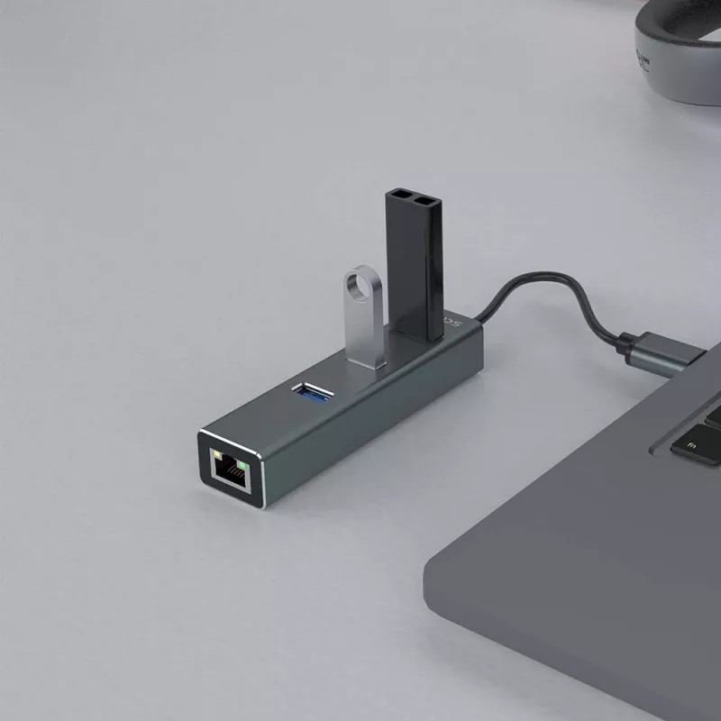 Hub USB-A SAVIO com RJ-45 Gigabit Ethernet AK-57 — 3× USB-A + RJ-45, USB 3.2 Gen 1 Micro‑B host, 5 Gbit/s, 4 portas, cinzento