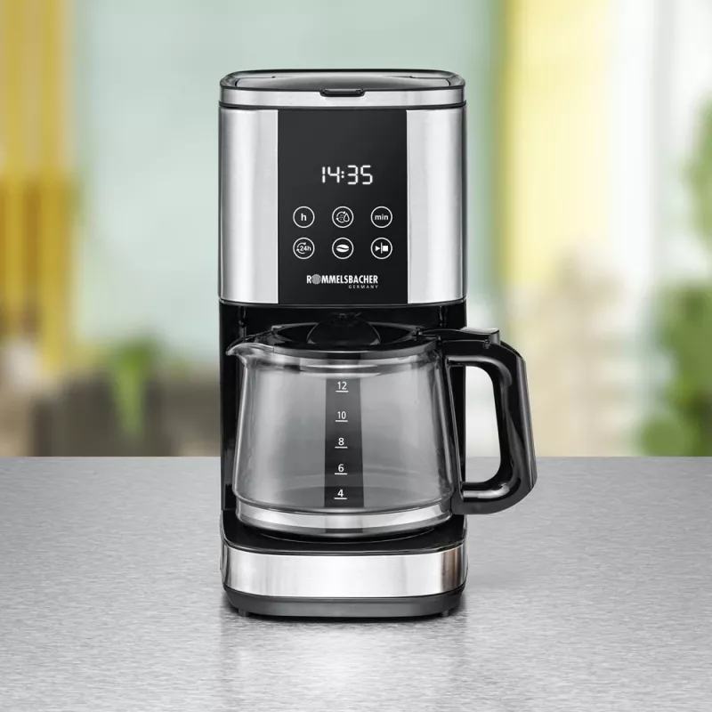 Máquina de café de filtro Rommelsbacher FKM1000, depósito de água de 1,5 L, 12 chávenas, aço inoxidável/preto
