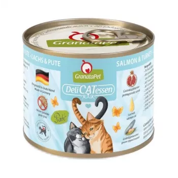 Comida húmida para gatos Fox4Pets DeliCATessen Salmão e Peru 200 g — sem cereais, sem glúten, alimento completo para gatos adultos