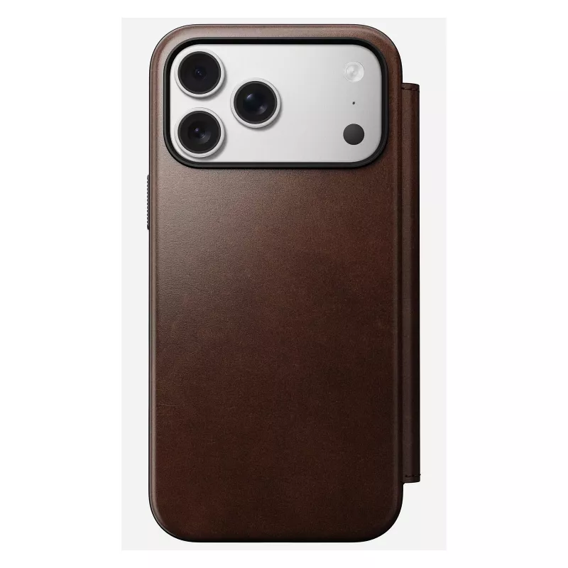 Capa para telemóvel tipo carteira Nomad Modern Leather Folio para iPhone 17 Pro Max — castanha, pele, ecrã de 6,3 polegadas, 4 compartimentos para cartões