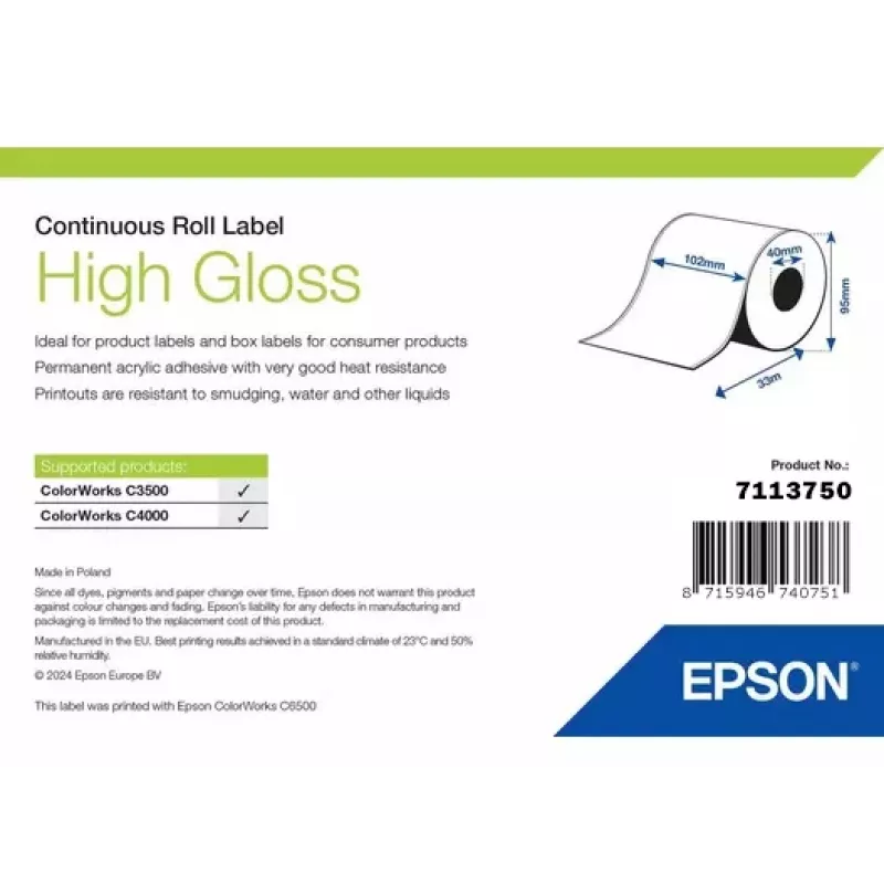 Rolo de etiquetas Epson 7113750 brilhante, 102 mm de largura x 33.000 mm de comprimento