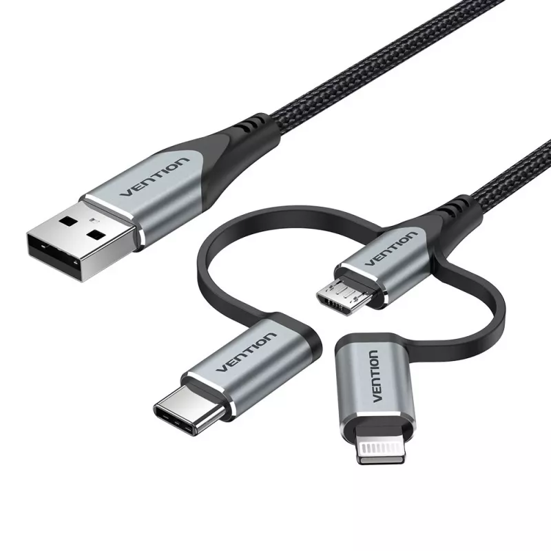Cabo Vention USB 2.0 A macho para 3-em-1 Micro-B&USB-C&Lightning macho 1M cinzento liga de alumínio