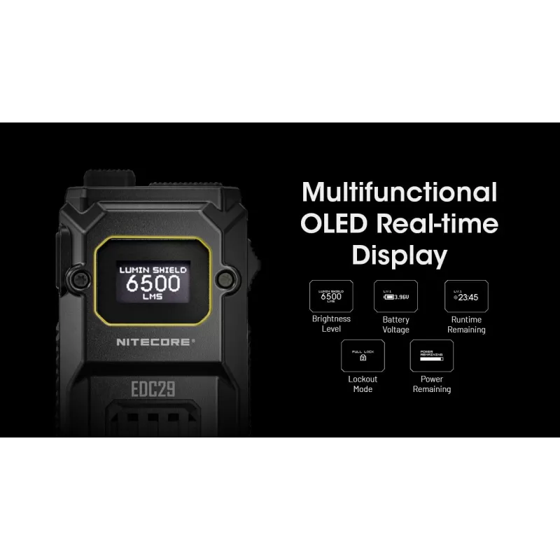 Lanterna de mão Nitecore EDC29 caixa em aço inoxidável, 2 LEDs, 15–6500 lm, IP54, recarregável por USB