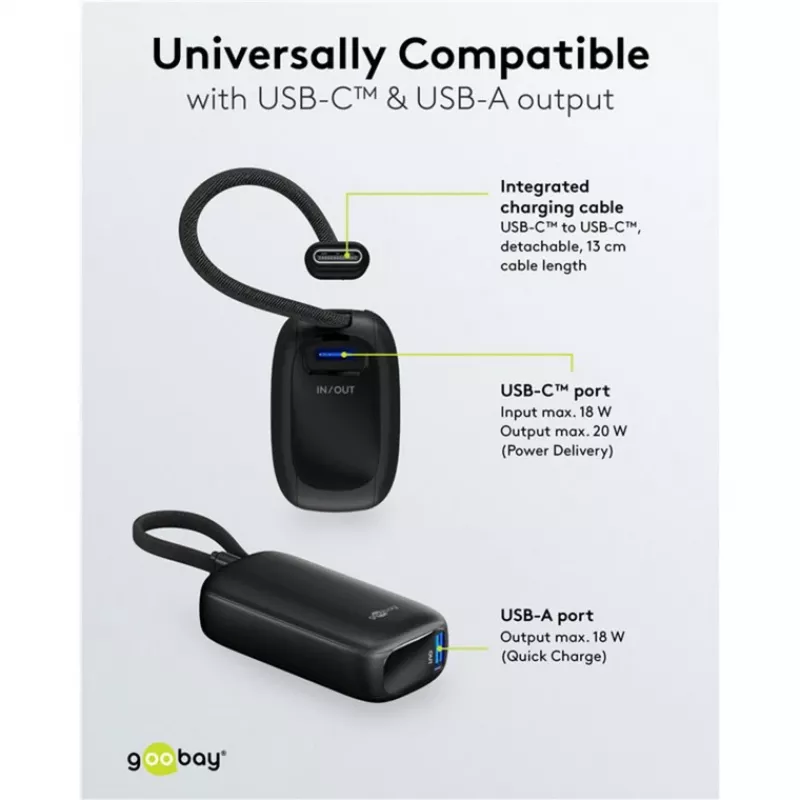 Powerbank 5.000 mAh, cabo USB-C integrado 13 cm, 20 watts (preto, 5 Ah, 1x USB-A, 1x USB-C, PD, QC)