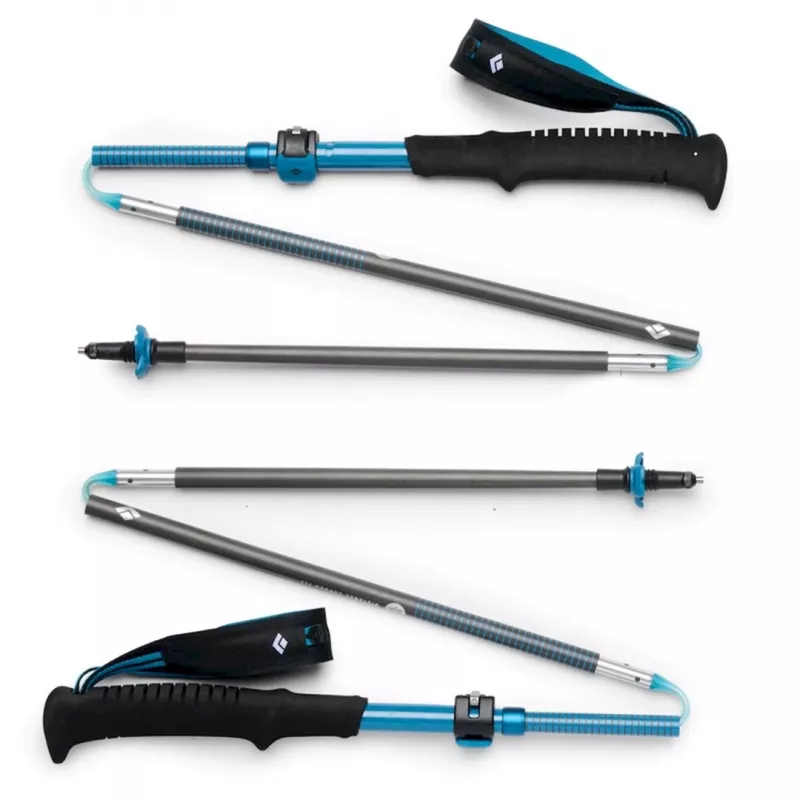 Bastões de trekking Black Diamond Distance Carbon FLZ, ajustáveis 110–125 cm, haste de carbono, dobráveis, 3 partes, 336 g