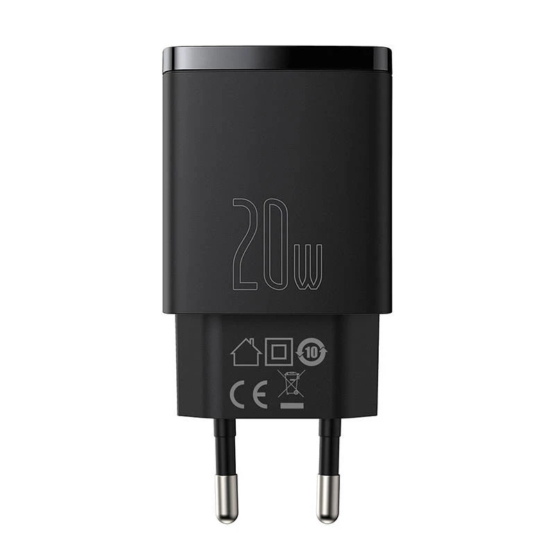 Carregador rápido USB de interior Baseus CCXJ-B01 – 2 portas (USB-C PD 20W + USB-A QC3.0 18W), 100–240 V, preto
