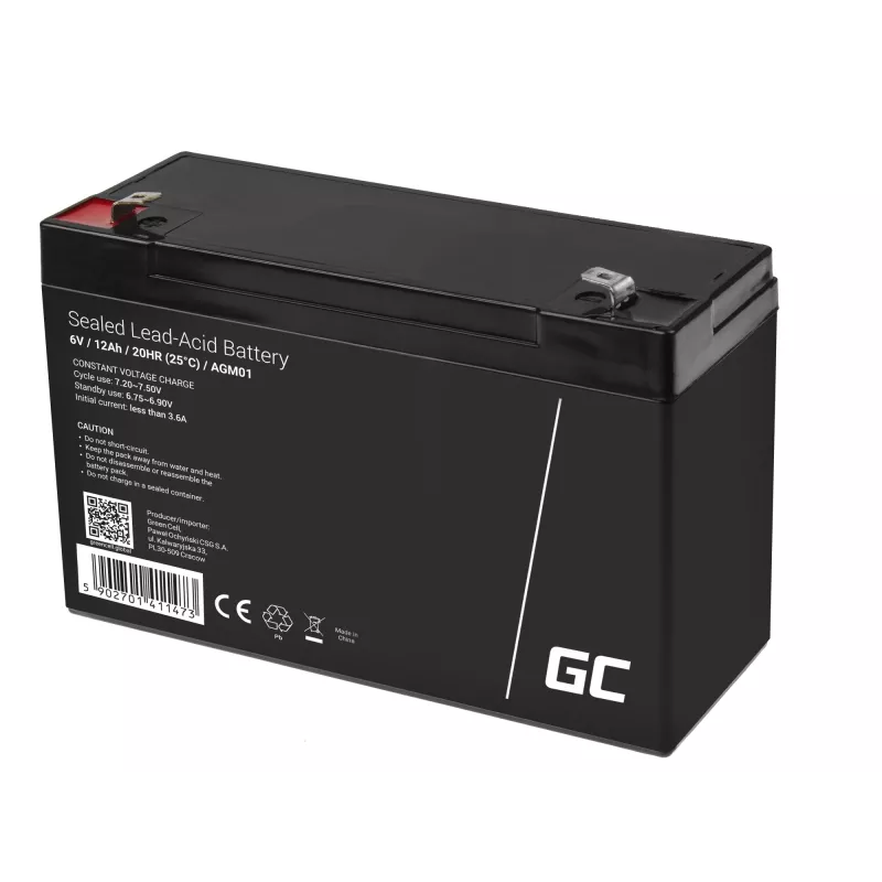 Bateria de chumbo-ácido selada (VRLA) AGM Green Cell 6V 12Ah, 94×151×50 mm, 1,65 kg