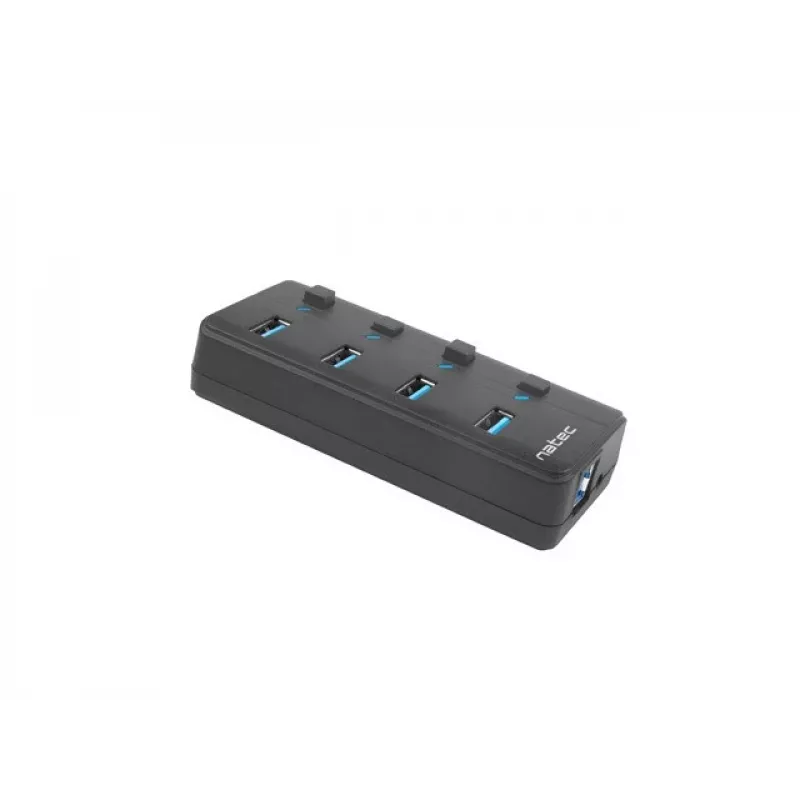 Natec Mantis 2 NHU-1557 hub USB 3.0 de 4 portas, entrada USB Type-B, interruptores ligar/desligar, adaptador de corrente, preto