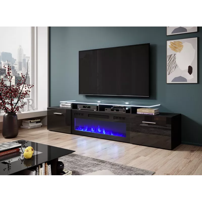 Móvel de TV Cama Meble ROVA com lareira elétrica, 190x37x48 cm, preto/preto brilhante
