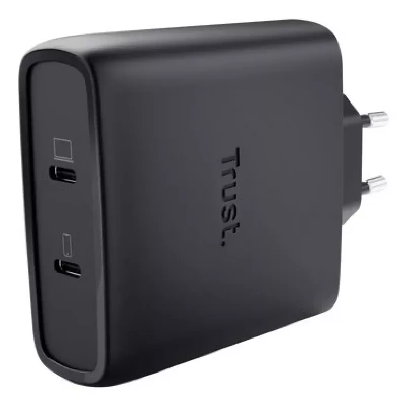 Carregador TRUST Maxo 100W 2 portas USB-C GaN — 100 W, 2× USB-C, máx. 20 V, cabo de 2 m, preto