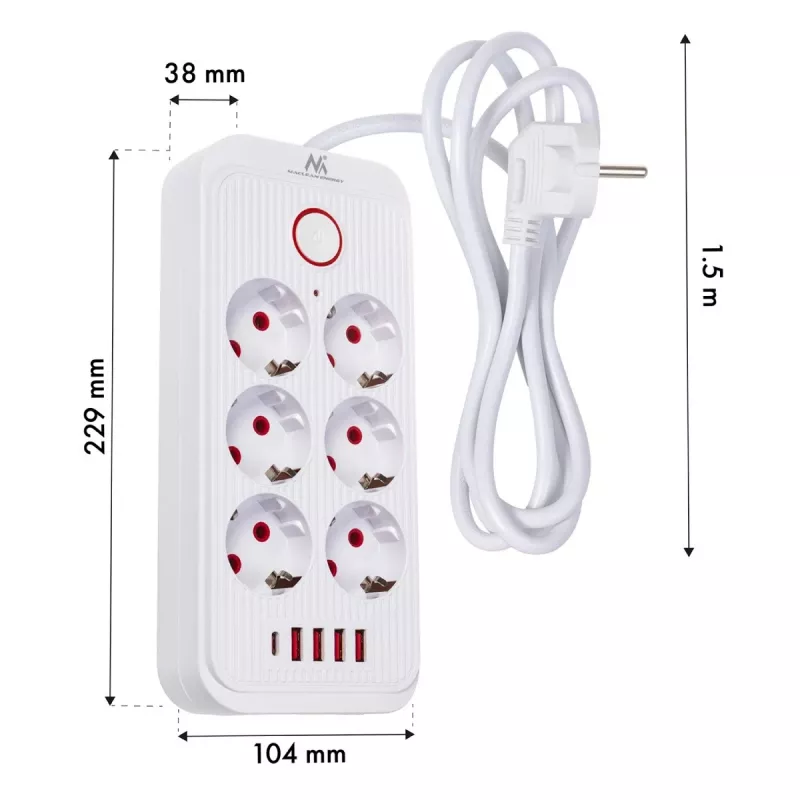 Extensão elétrica MACLEAN MCE389 W — 6 tomadas, 4×USB-A, 1×USB-C, 2500W, 110–240V, cabo de 1,5 m, branco