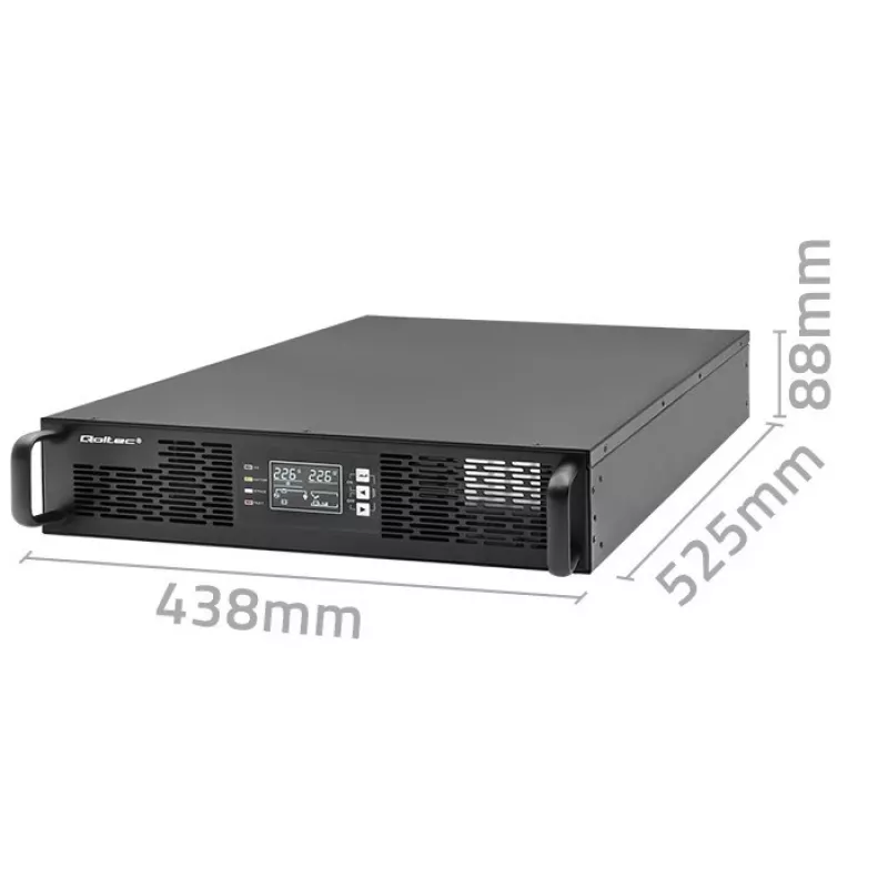 UPS Qoltec AWARYJNY DO RACK 3KVA 3000W fator de potência 1.0 LCD EPO USB on-LINE (3VA, 3000W, UPS online de dupla conversão), UPS