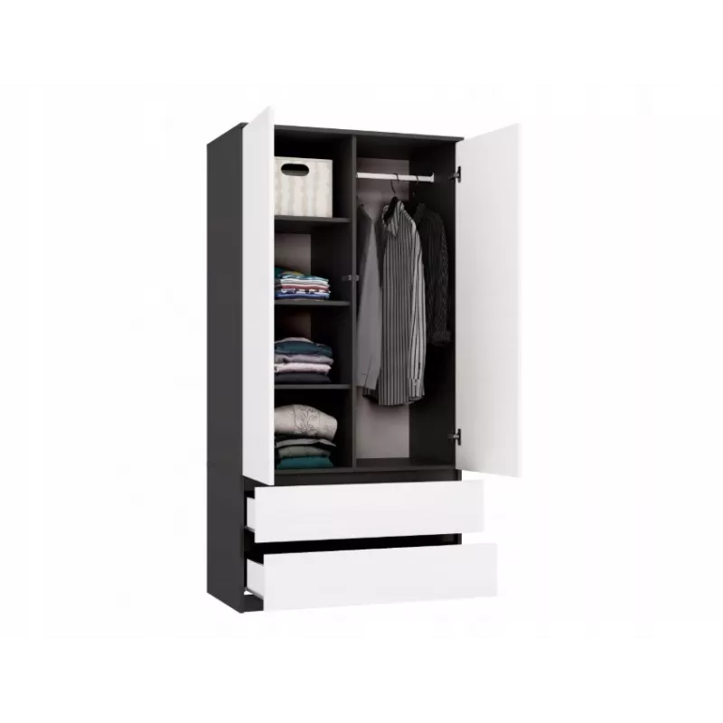 Guarda-roupa top e shop MALWA SS-90, 90×180×50 cm, estrutura antracite, portas de batente brancas, 2 gavetas, laminado 16 mm