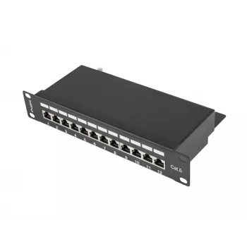 Patch panel LANBERG PPF6-9012-B — 12 portas RJ45, metal, preto, 1U (215×44,5×130 mm)