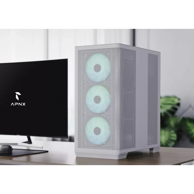 Caixa de PC APNX Midi Tower C1-R-WT-v1 — branca, compatível com ATX/Micro-ATX/Mini-ITX, 3 ventoinhas frontais de 120 mm pré-instaladas, 3 baías de 3,5
