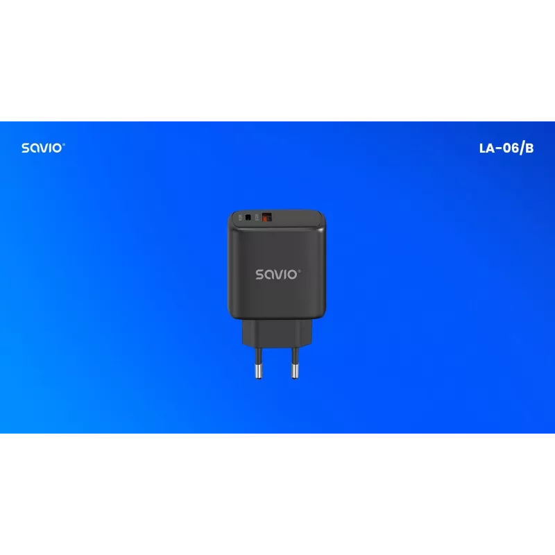 Carregador de parede SAVIO LA-06/B 30 W, USB-A + USB-C, Quick Charge, Power Delivery 3.0, preto