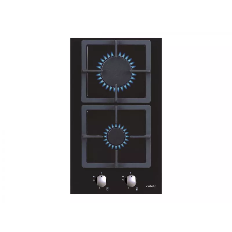 Placa de gás encastrável CATA SCI 3002 BK, 30 cm, 2 zonas, botões rotativos, vidro preto