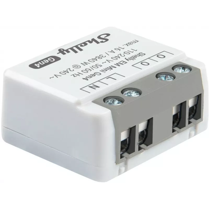 Relé inteligente Shelly Relay EM Mini Gen4 1 canal Wi‑Fi Matter Zigbee Bluetooth 8A, 110–240V, contador de energia