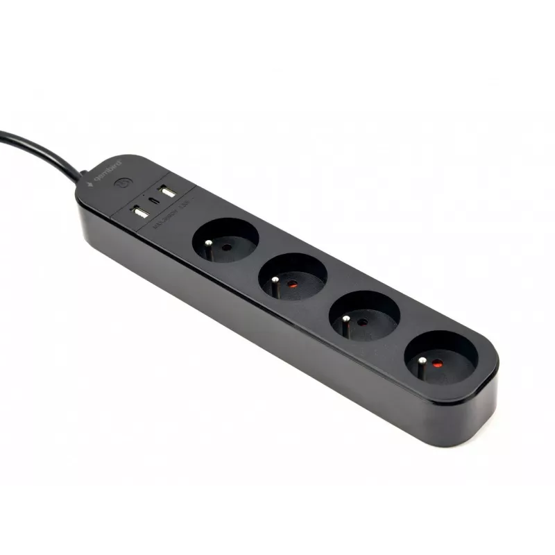 Régua de tomadas GEMBIRD TSL-PS-F4U-02 com 4 tomadas PL e carregador USB, preto
