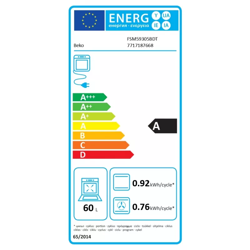 Placa de indução com forno elétrico Beko FSM59305BDT, 60 L, 50 cm de largura, preto, classe de eficiência energética A, indução 4 zonas com boost