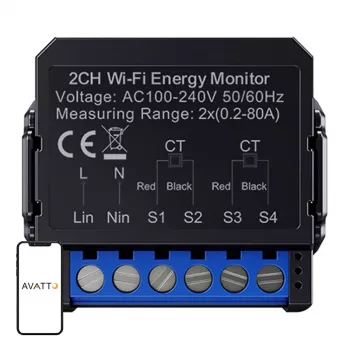 Contador de energia bidirecional inteligente Avatto WPM16-2 – conectividade WiFi, monitorização de energia para consumo e produção