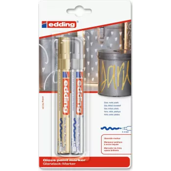 Marcadores Edding e-750 dourado prateado — tinta metálica, corpo redondo, embalagem de 2