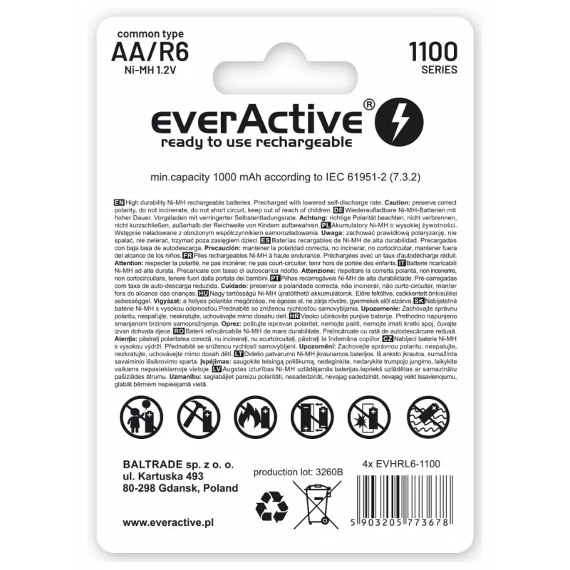 Pilhas recarregáveis NiMH everActive EVHRL6-1100 1,2 V 1100 mAh — 4 unid., cilíndricas