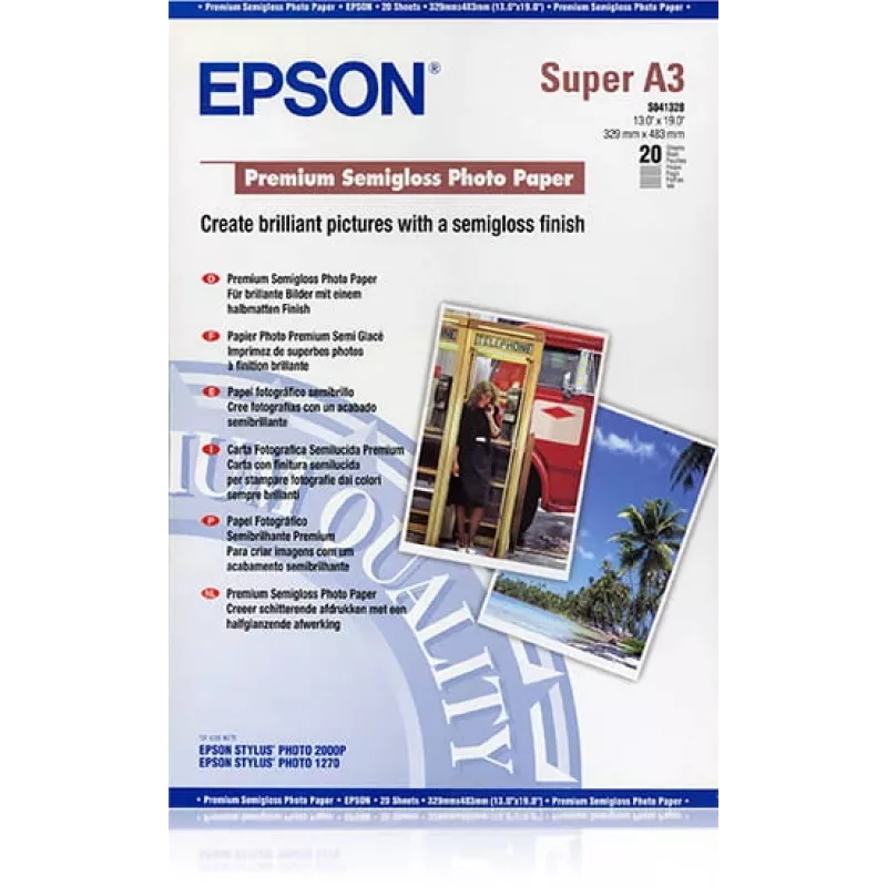 Papel fotográfico semibrilhante premium Epson, DIN A3+, 250 g/m², 20 folhas