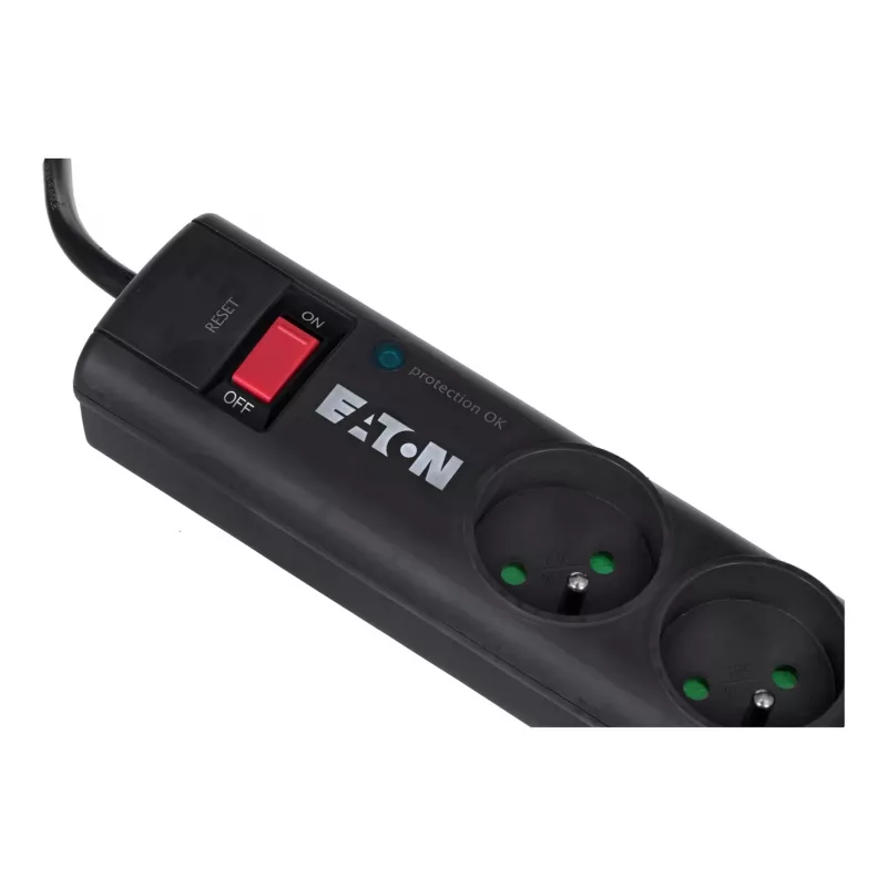 Eaton Protection Strip 6 FR PS6F extensão com proteção contra sobretensões, 6 tomadas tipo E, 10 A, 220-250 V, 2500 W, cabo de 1,5 m, interruptor, preta