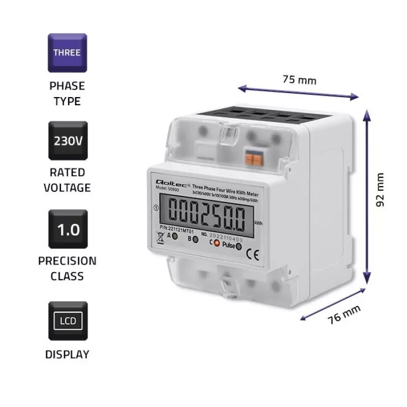 Contador de energia eletrónico trifásico QOLTEC 50900 400V LCD 4P
